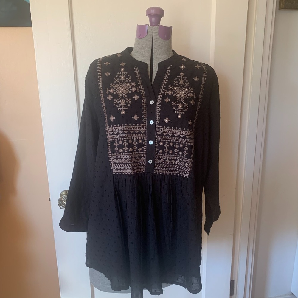 Utsa Black Embroidered Swiss Dot Henley Tunic Blouse Large